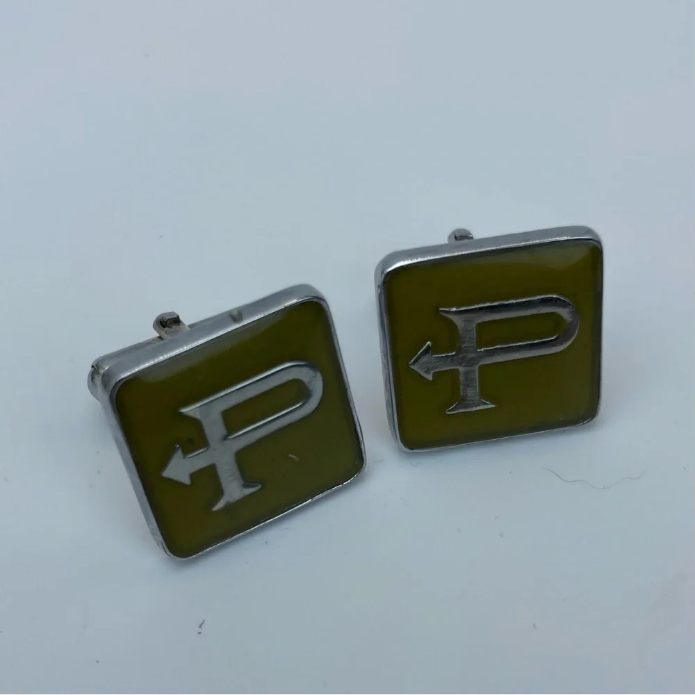 Vintage Green Yellow Enamel Letter P Cufflinks Silver Tone Initial Set